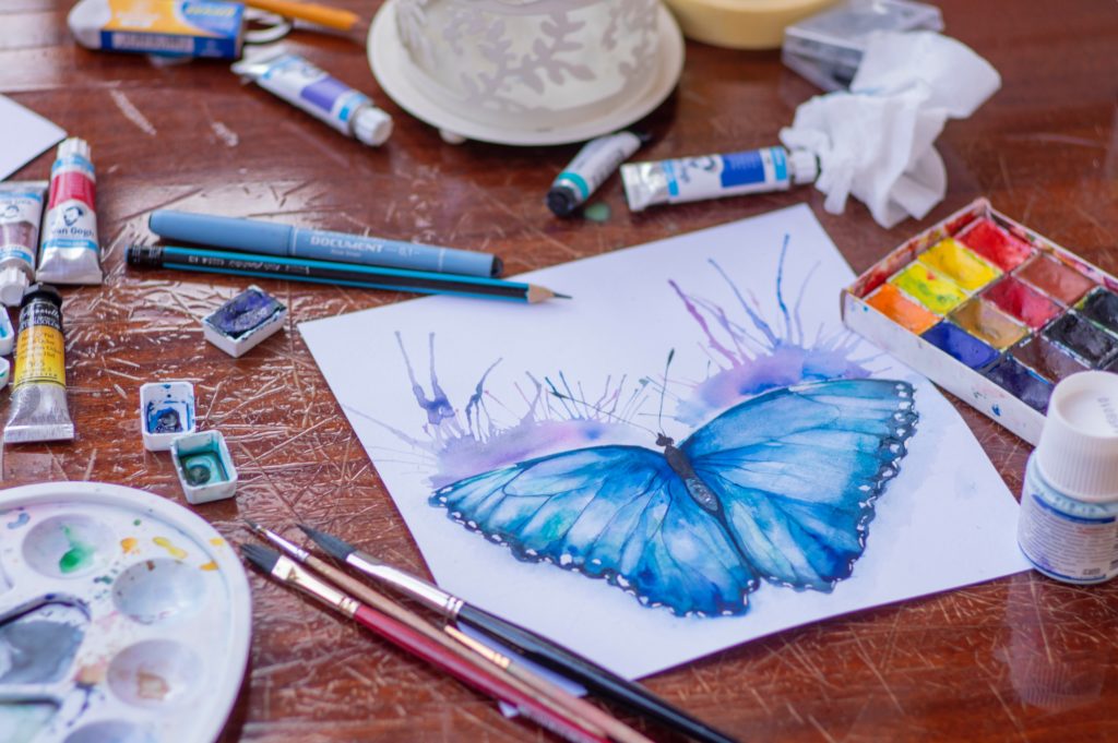 painting, paint, paint brush, art, butterfly, blue, purple, canvas, pencil, marker, colors, charity 
